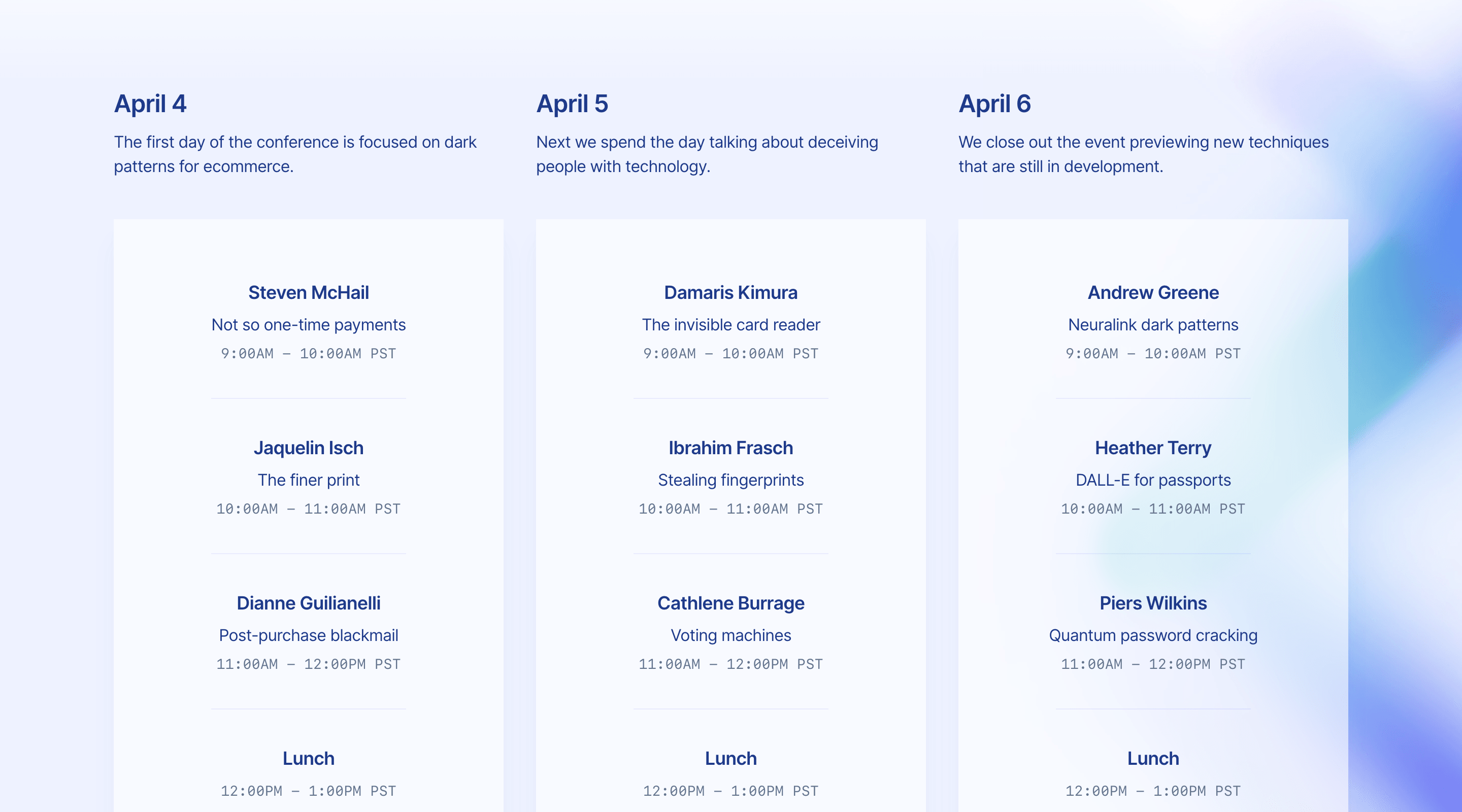 Screenshot of the 'Schedule' section of the Keynote Tailwind UI template. The conference dates are arrange in three columns. Each column contains a list of events for that day. Each event has a speaker name, talk title, and time.