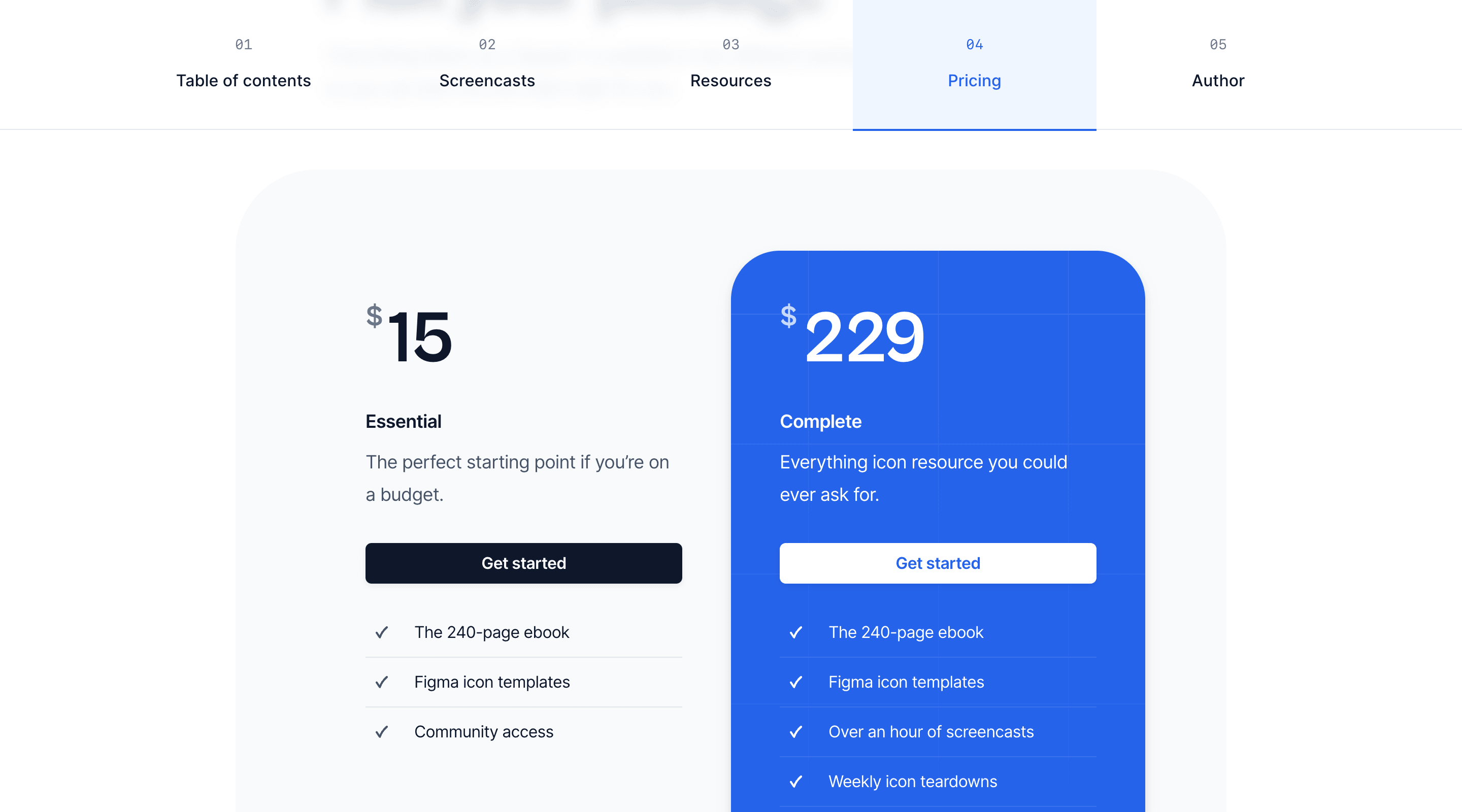 Screenshot of the 'Pricing' section of the Primer Tailwind UI template. Across the top of the screen is a list of page sections in a row. The 'Pricing' section is highlighted. Below is the pricing section itself, with the two plans arranged side-by-side. Each plan has a price, name, summary, features list, and 'Get started' button.